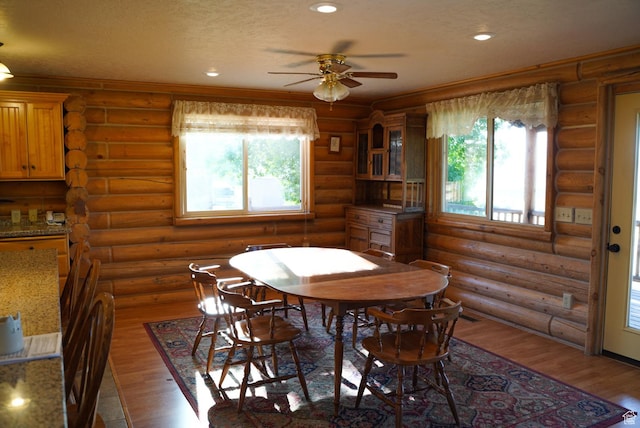 11495 E 16000 N, Mount Pleasant, UT 84647 - dining area with wood finished floors, healthy amount of natural light, rustic walls, a ceiling fan, and recessed lighting