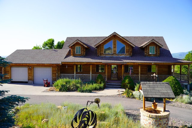 11495 E 16000 N, Mount Pleasant, UT 84647 - cabin featuring a porch, a garage, driveway, log exterior, and roof with shingles