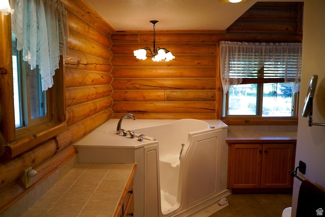 11495 E 16000 N, Mount Pleasant, UT 84647 - full bath featuring a garden tub, rustic walls, a chandelier, and tile patterned floors