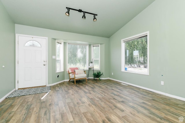 3229 E Riverdale Rd, Preston, ID 83263 - foyer entrance with healthy amount of natural light, wood finished floors, lofted ceiling, and rail lighting
