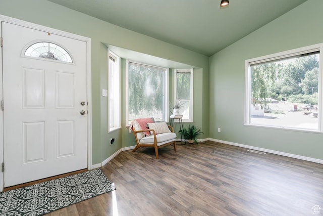 3229 E Riverdale Rd, Preston, ID 83263 - foyer featuring healthy amount of natural light, vaulted ceiling, and wood finished floors