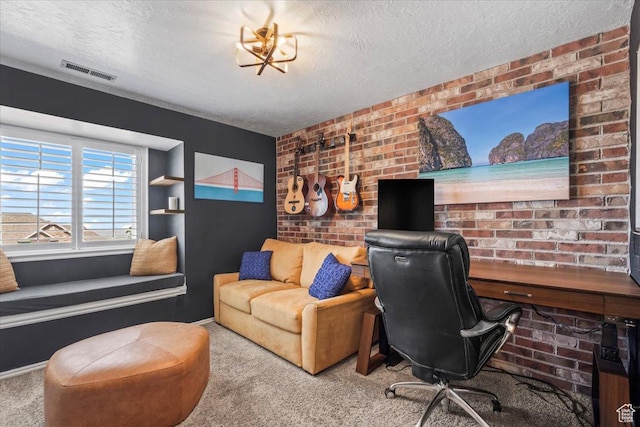 4104 S Bridlewood Dr E, Bountiful, UT 84010 - office area featuring carpet, a textured ceiling, and brick wall