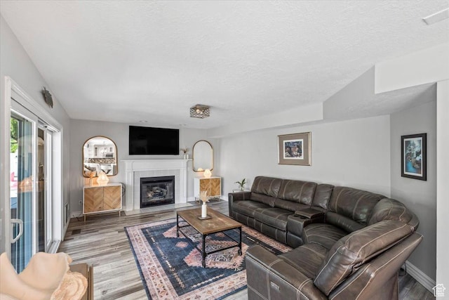4104 S Bridlewood Dr E, Bountiful, UT 84010 - living room featuring light wood finished floors, a textured ceiling, and a tiled fireplace