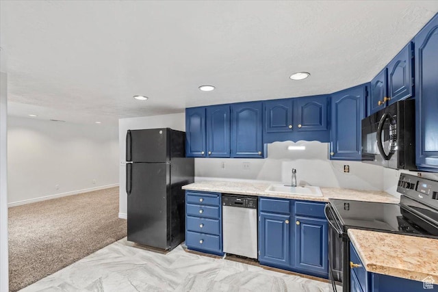 4104 S Bridlewood Dr E, Bountiful, UT 84010 - kitchen featuring black appliances, blue cabinets, light countertops, light colored carpet, and recessed lighting