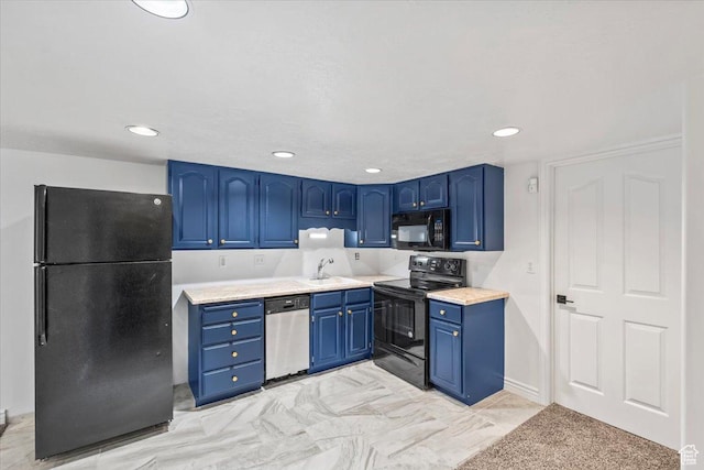 4104 S Bridlewood Dr E, Bountiful, UT 84010 - kitchen with black appliances, blue cabinetry, light countertops, and recessed lighting