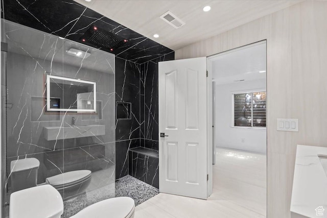 4104 S Bridlewood Dr E, Bountiful, UT 84010 - full bath featuring a marble finish shower, tile walls, and recessed lighting