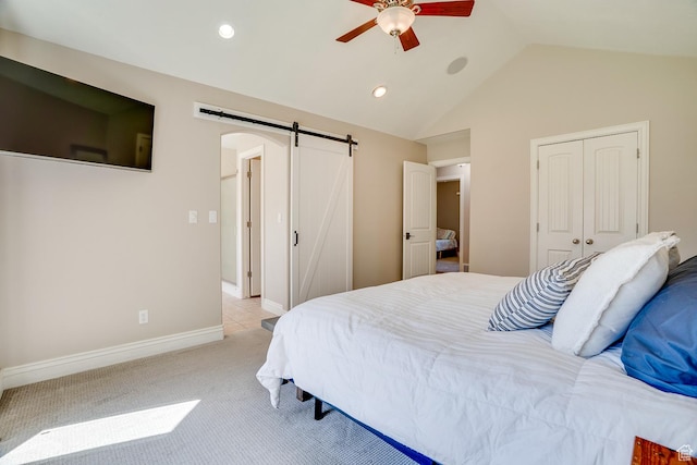 3035 S Big Hollow Rd, Heber City, UT 84032 - bedroom featuring a barn door, vaulted ceiling, light carpet, recessed lighting, and a ceiling fan