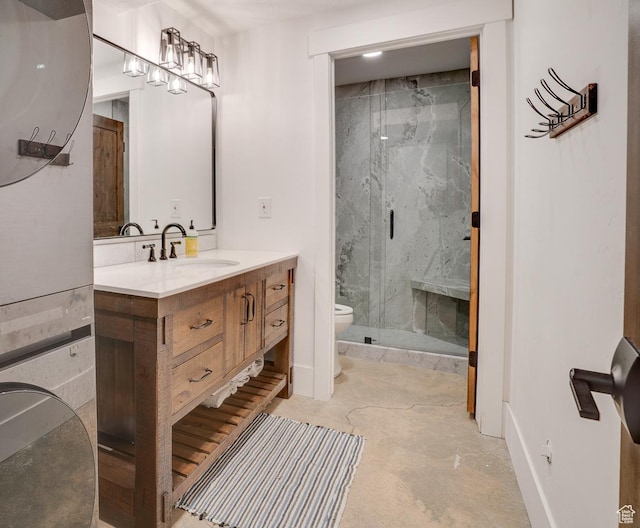 3035 S Big Hollow Rd, Heber City, UT 84032 - bathroom featuring vanity, a marble finish shower, and concrete flooring