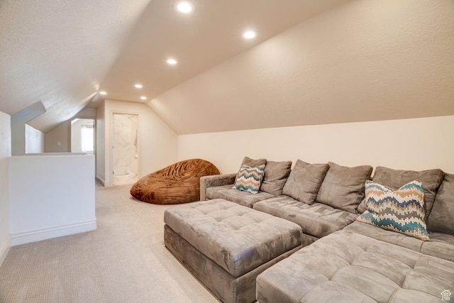 3035 S Big Hollow Rd, Heber City, UT 84032 - living area featuring light colored carpet, vaulted ceiling, and recessed lighting