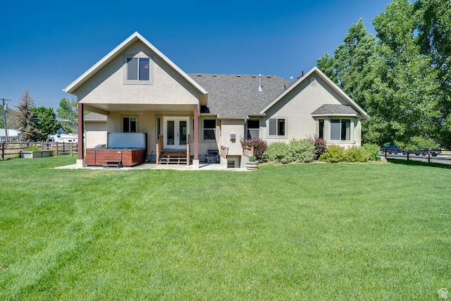 3035 S Big Hollow Rd, Heber City, UT 84032 - rear view of house featuring a hot tub, french doors, stucco siding, and a patio