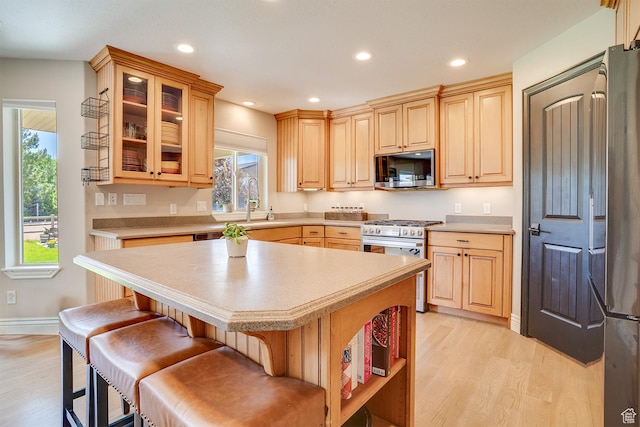3035 S Big Hollow Rd, Heber City, UT 84032 - kitchen with appliances with stainless steel finishes, light wood finished floors, light countertops, and recessed lighting