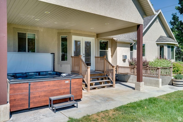 3035 S Big Hollow Rd, Heber City, UT 84032 - view of patio / terrace featuring a hot tub and french doors