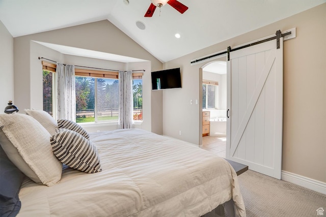 3035 S Big Hollow Rd, Heber City, UT 84032 - bedroom featuring a barn door, lofted ceiling, light colored carpet, recessed lighting, and connected bathroom