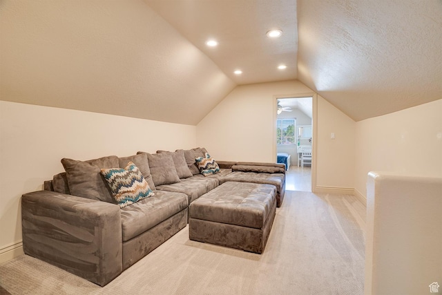 3035 S Big Hollow Rd, Heber City, UT 84032 - living area featuring light carpet, vaulted ceiling, recessed lighting, and a textured ceiling