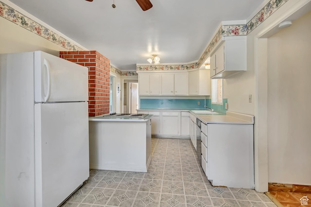 3409 S Maple Way, Salt Lake City, UT 84119 - kitchen featuring freestanding refrigerator, ceiling fan, light countertops, and white cabinets