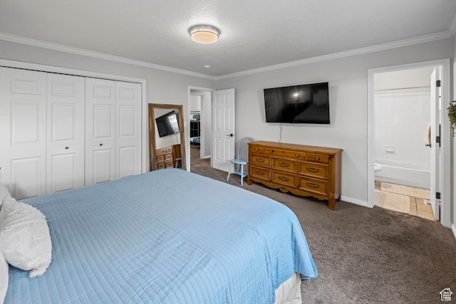 318 W 850 N, Springville, UT 84663 - carpeted bedroom with a closet, ornamental molding, and ensuite bathroom
