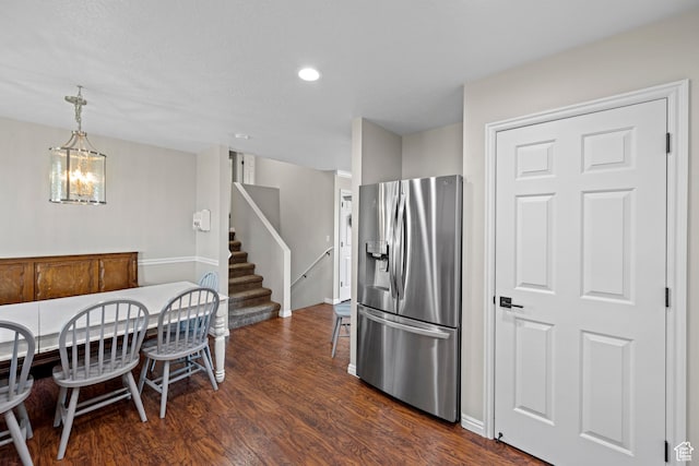 318 W 850 N, Springville, UT 84663 - kitchen with stainless steel fridge, dark wood finished floors, recessed lighting, hanging light fixtures, and a chandelier