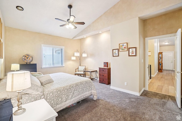 798 E Spruce Tree Ln, Sandy, UT 84094 - carpeted bedroom featuring vaulted ceiling and a ceiling fan