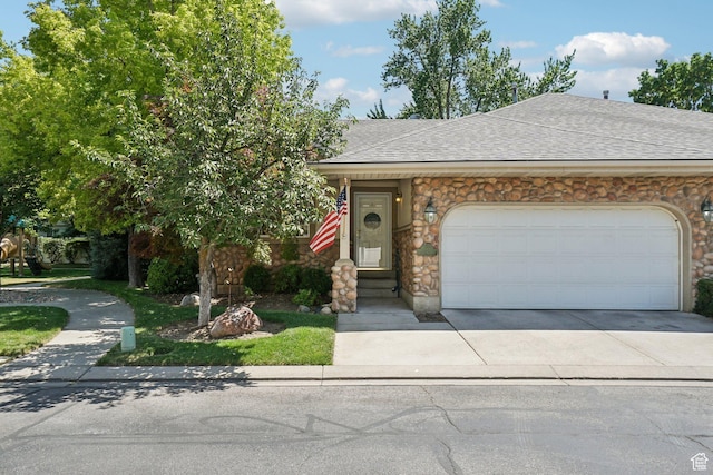 798 E Spruce Tree Ln, Sandy, UT 84094 - view of front of house featuring stone siding, driveway, and a shingled roof