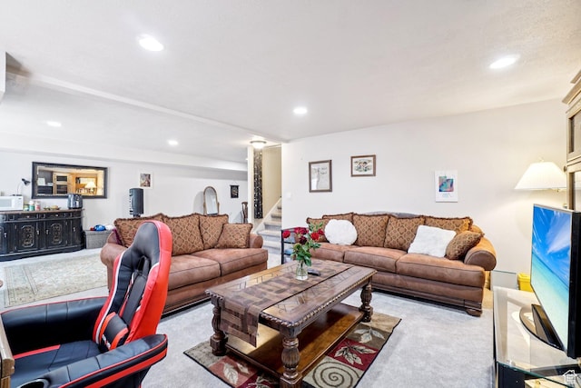 798 E Spruce Tree Ln, Sandy, UT 84094 - carpeted living room with stairway and recessed lighting