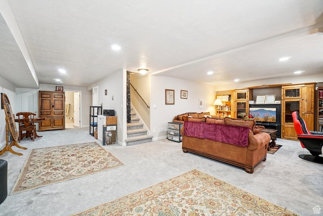 798 E Spruce Tree Ln, Sandy, UT 84094 - living area featuring carpet floors, recessed lighting, and stairway