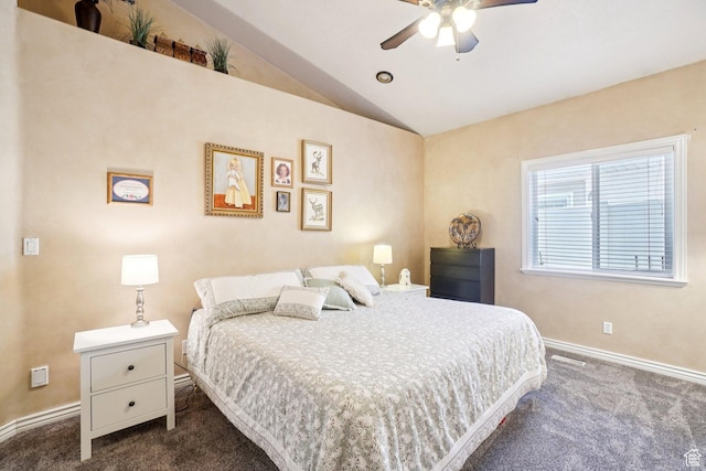 798 E Spruce Tree Ln, Sandy, UT 84094 - bedroom with dark colored carpet, vaulted ceiling, and a ceiling fan