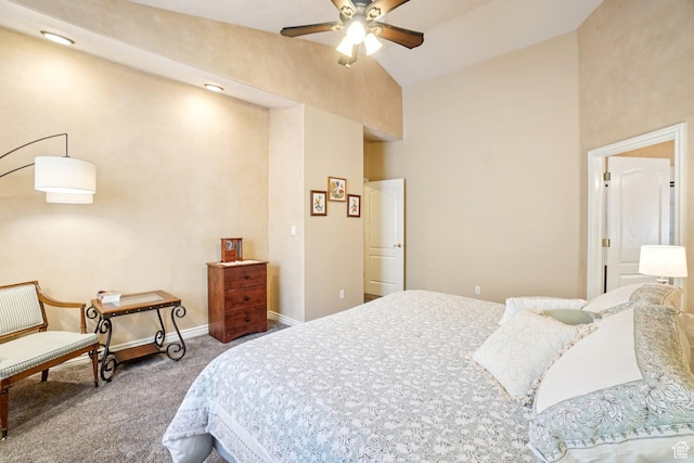 798 E Spruce Tree Ln, Sandy, UT 84094 - bedroom with carpet flooring, high vaulted ceiling, and a ceiling fan