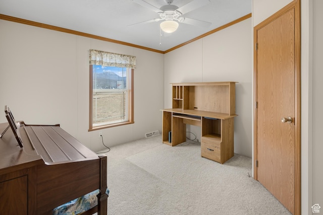2627 E Cactus Rd, Moab, UT 84532 - unfurnished office with crown molding, carpet flooring, and a ceiling fan