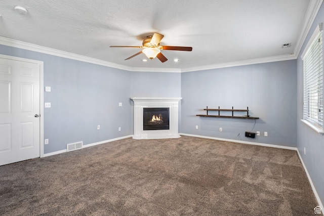 2177 N 125 W, Layton, UT 84041 - unfurnished living room featuring a ceiling fan, carpet floors, a glass covered fireplace, crown molding, and recessed lighting