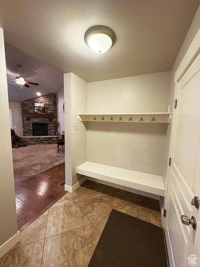 966 E 2810 S, Heber City, UT 84032 - mudroom with a ceiling fan, a stone fireplace, vaulted ceiling, and tile patterned flooring