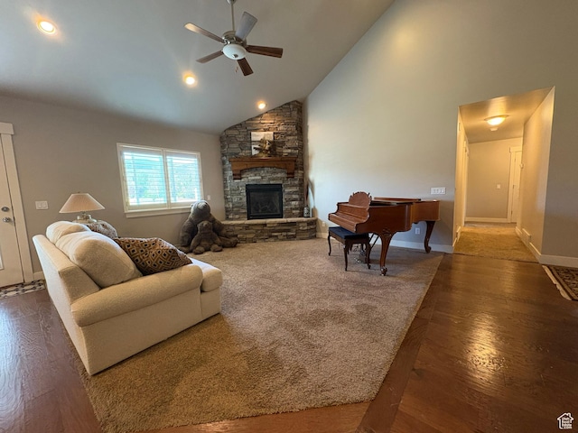 966 E 2810 S, Heber City, UT 84032 - living area featuring a ceiling fan, high vaulted ceiling, a fireplace, wood finished floors, and recessed lighting