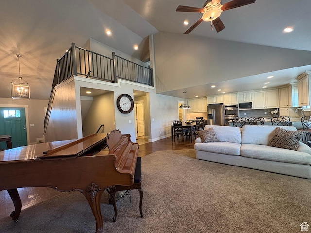 966 E 2810 S, Heber City, UT 84032 - living room featuring ceiling fan, high vaulted ceiling, and recessed lighting