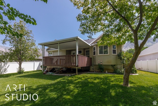 2063 N 775 E, North Ogden, UT 84414 - rear view of property with a fenced backyard, a wooden deck, and stucco siding