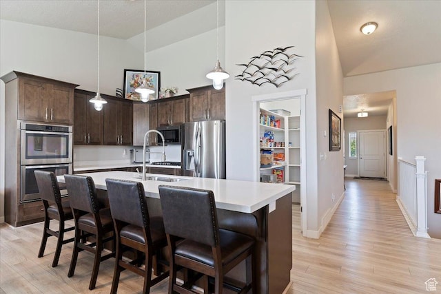 1381 W 425 S, Layton, UT 84041 - kitchen featuring appliances with stainless steel finishes, light countertops, dark brown cabinetry, light wood-style flooring, and high vaulted ceiling
