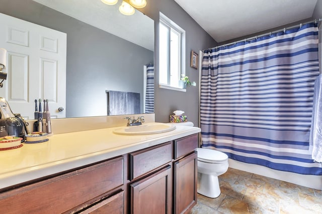 6088 W Graceland Way, West Jordan, UT 84081 - bathroom featuring vanity, stone finish floors, and curtained shower