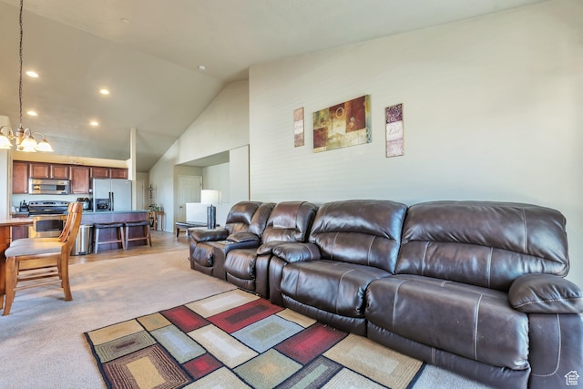 6088 W Graceland Way, West Jordan, UT 84081 - living room featuring a chandelier, vaulted ceiling, light colored carpet, and recessed lighting
