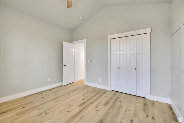 468 W Sunnyrise Ln S, Stansbury Park, UT 84074 - unfurnished bedroom featuring light wood finished floors, high vaulted ceiling, a ceiling fan, and a closet
