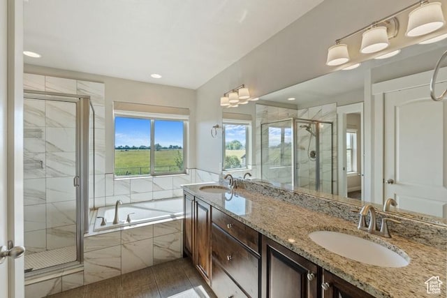 1717 N 4325 W, West Point, UT 84015 - bathroom with a garden tub, a stall shower, double vanity, recessed lighting, and tile patterned flooring