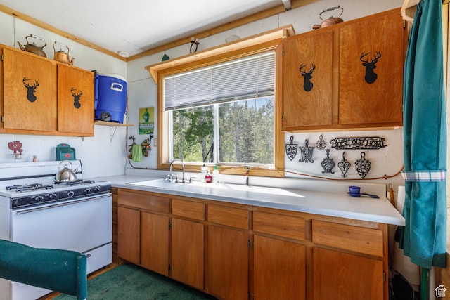 0, Paradise, UT 84328 - kitchen featuring white gas range oven, light countertops, and brown cabinetry