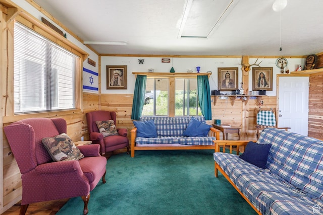 0, Paradise, UT 84328 - living room featuring wooden walls, plenty of natural light, carpet floors, attic access, and a wainscoted wall