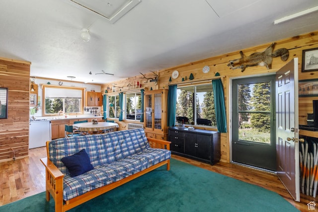 0, Paradise, UT 84328 - living room featuring wooden walls, light wood-style floors, and attic access