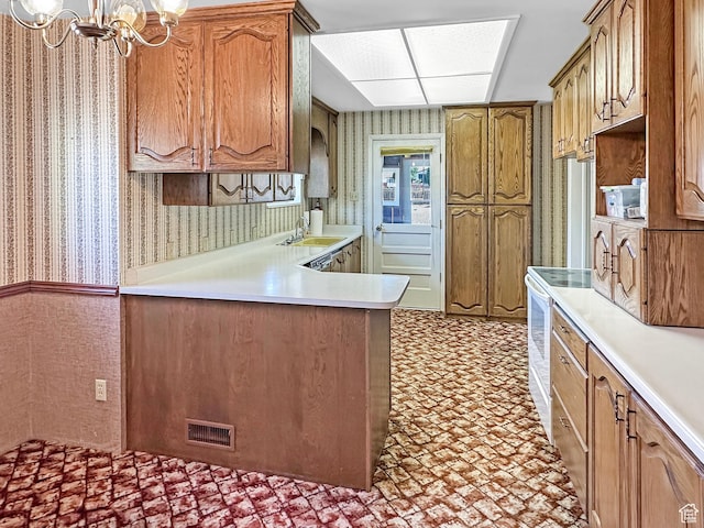 140 W 100 N, Castle Dale, UT 84513 - kitchen featuring wallpapered walls, a chandelier, light countertops, a peninsula, and white electric range