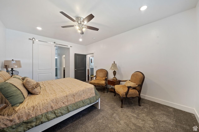 3601 S 5650 W, West Valley City, UT 84128 - carpeted bedroom with a barn door, recessed lighting, and ceiling fan