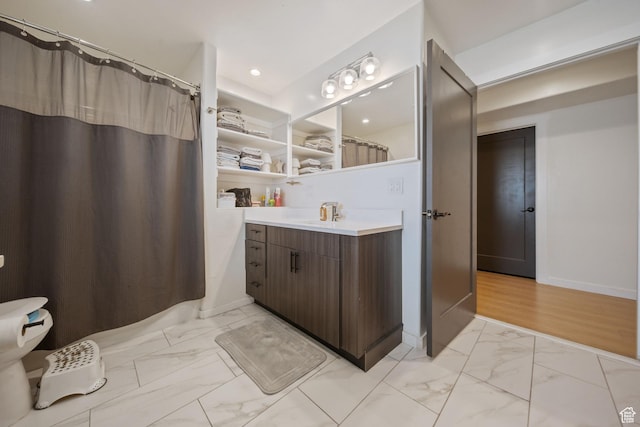 3601 S 5650 W, West Valley City, UT 84128 - bathroom featuring marble finish floors, vanity, curtained shower, and recessed lighting