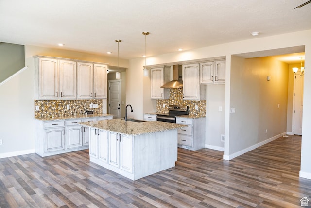 1272 E 1470 N, Payson, UT 84651 - kitchen featuring stainless steel electric range, dark wood-style flooring, recessed lighting, tasteful backsplash, and wall chimney range hood