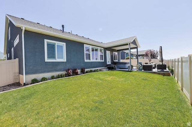 5671 S 650 E, Washington Terrace, UT 84405 - back of property featuring an outdoor living space, a hot tub, a fenced backyard, a patio, and stucco siding