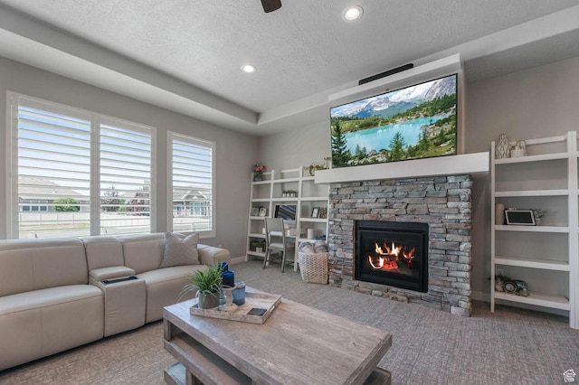 5671 S 650 E, Washington Terrace, UT 84405 - living room with carpet floors, a textured ceiling, a fireplace, and recessed lighting