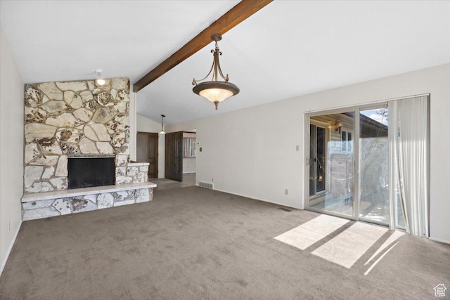 666 E Shelly Ave N, American Fork, UT 84003 - unfurnished living room featuring carpet floors and a stone fireplace