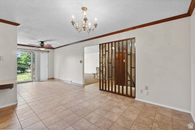 666 E Shelly Ave N, American Fork, UT 84003 - spare room featuring a textured ceiling, ornamental molding, a chandelier, ceiling fan, and light tile patterned flooring