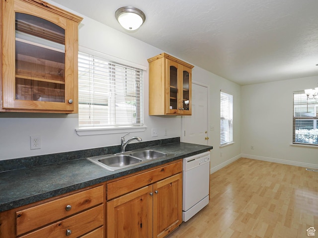 478 W 470 S, Provo, UT 84601 - kitchen with white dishwasher, light wood finished floors, glass insert cabinets, brown cabinets, and dark countertops